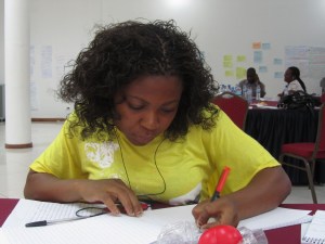 Transcribing a practice interview, oral testimony workshop, Mozambique